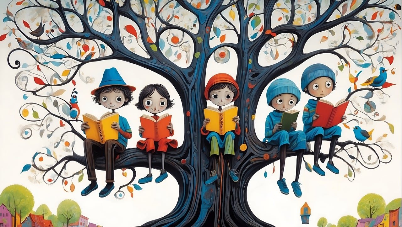 čitanje knjiga na drvetu čitanje knjiga na drvetu